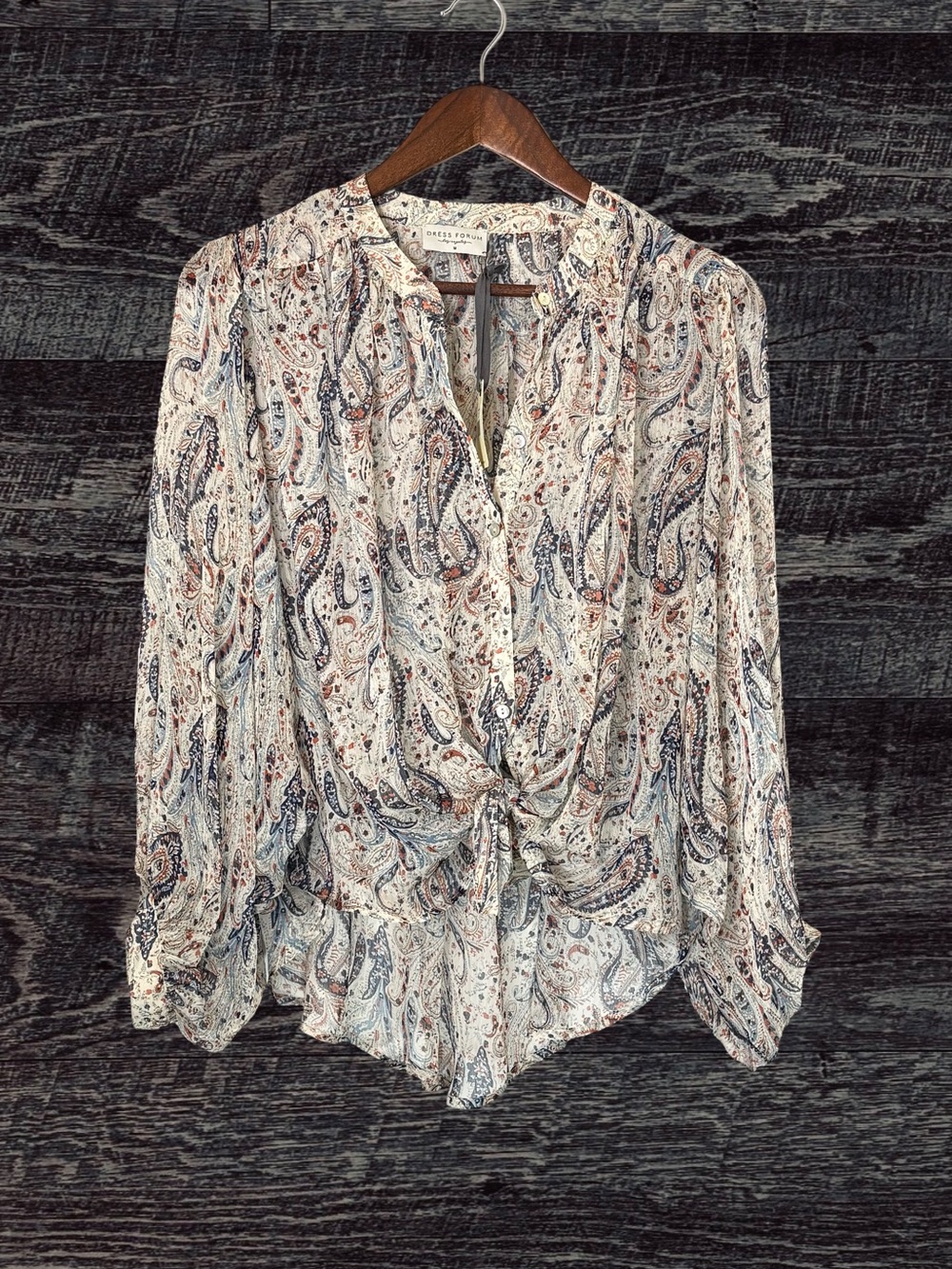 Dress Forum White Paisley Tie-Front Blouse with Blue & Brown Accents